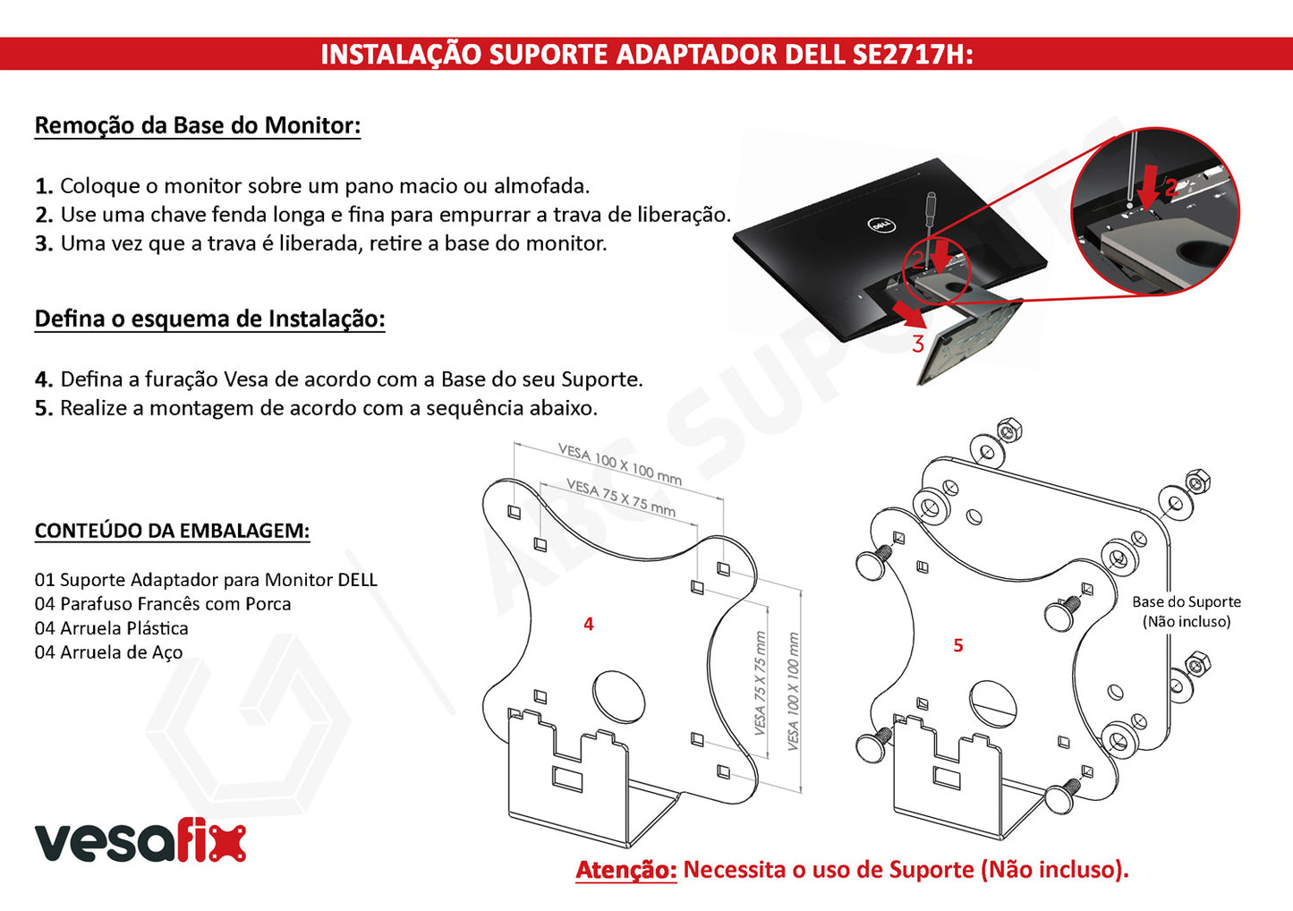 Suporte Adaptador para Monitor Dell Sem Furação Vesa - SE2717H SE2717HX SE2717HR