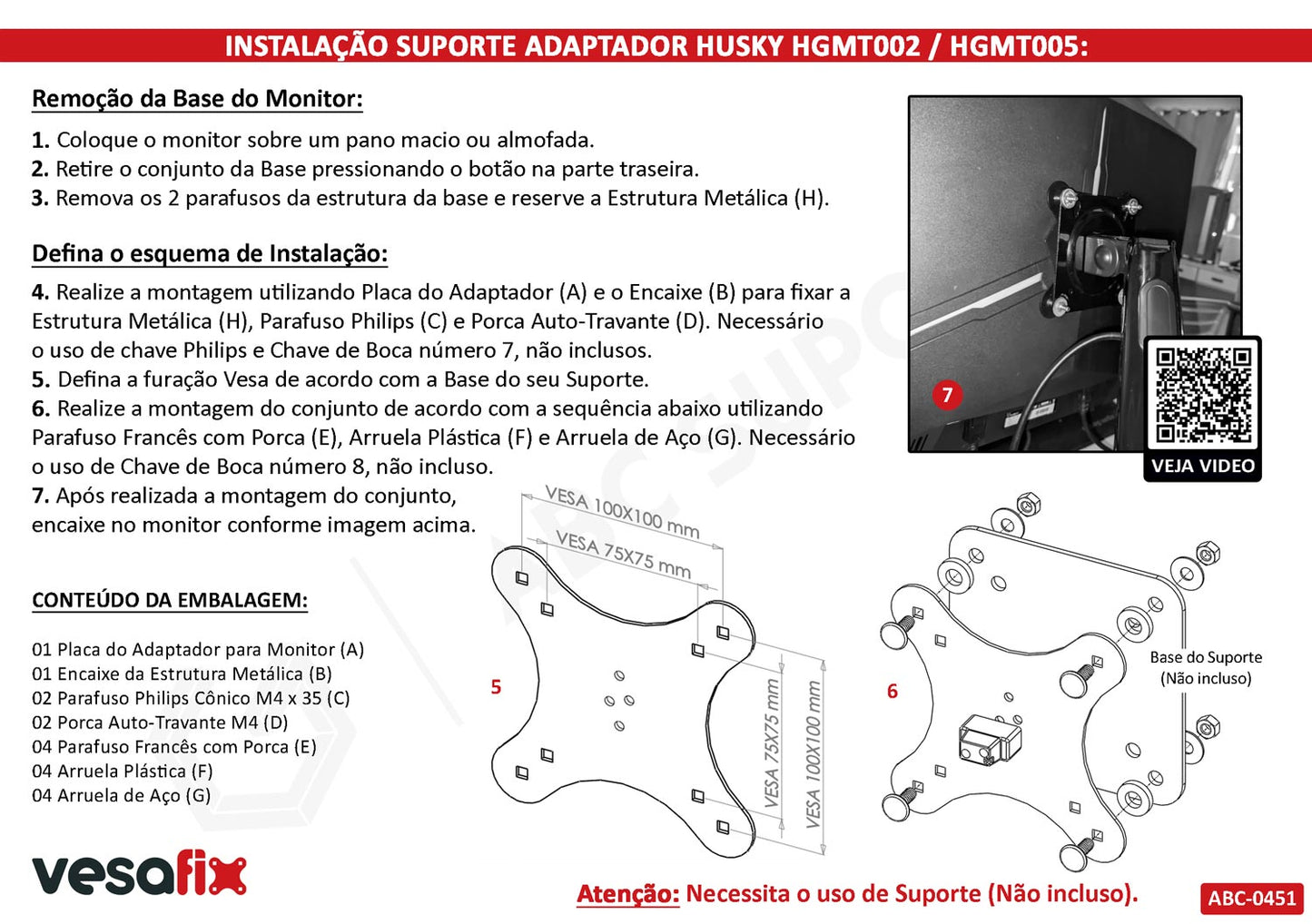 Adaptador Vesa Monitor HUSKY HAILSTORM / TEMPEST HGMT002 HGMT005 Sem Furação Vesa