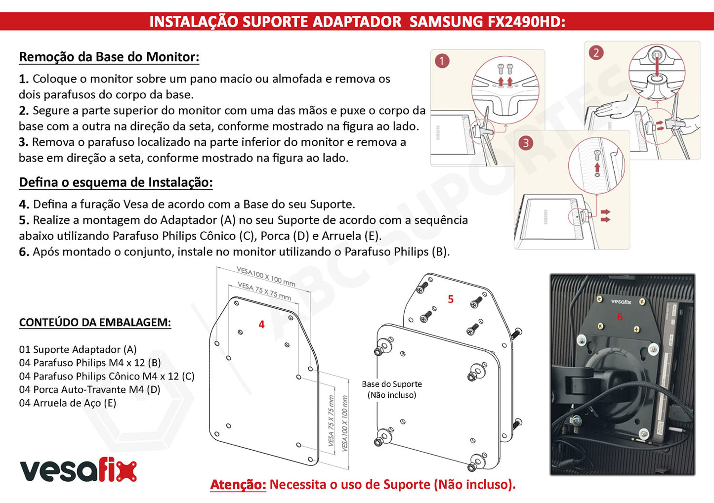 Adaptador Vesa Monitor SAMSUNG FX2490HD Sem Furação Vesa