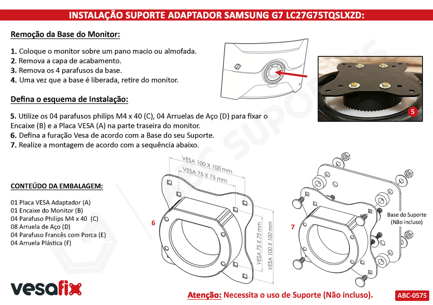 Adaptador Vesa Monitor SAMSUNG ODYSSEY G7 ou ODYSSEY G6 Sem Furação Vesa - LC27G75TQSLXZD LS27BG650ELXZD