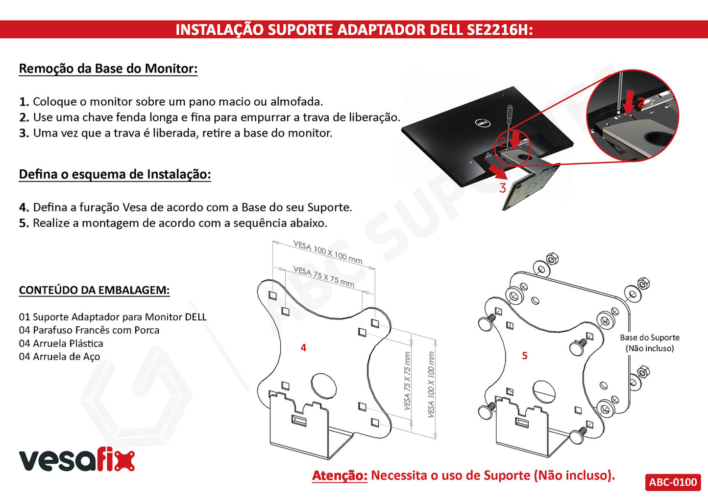 Suporte Adaptador para Monitor Dell Sem Furação Vesa - SE2216H SE2416H SE2417HG