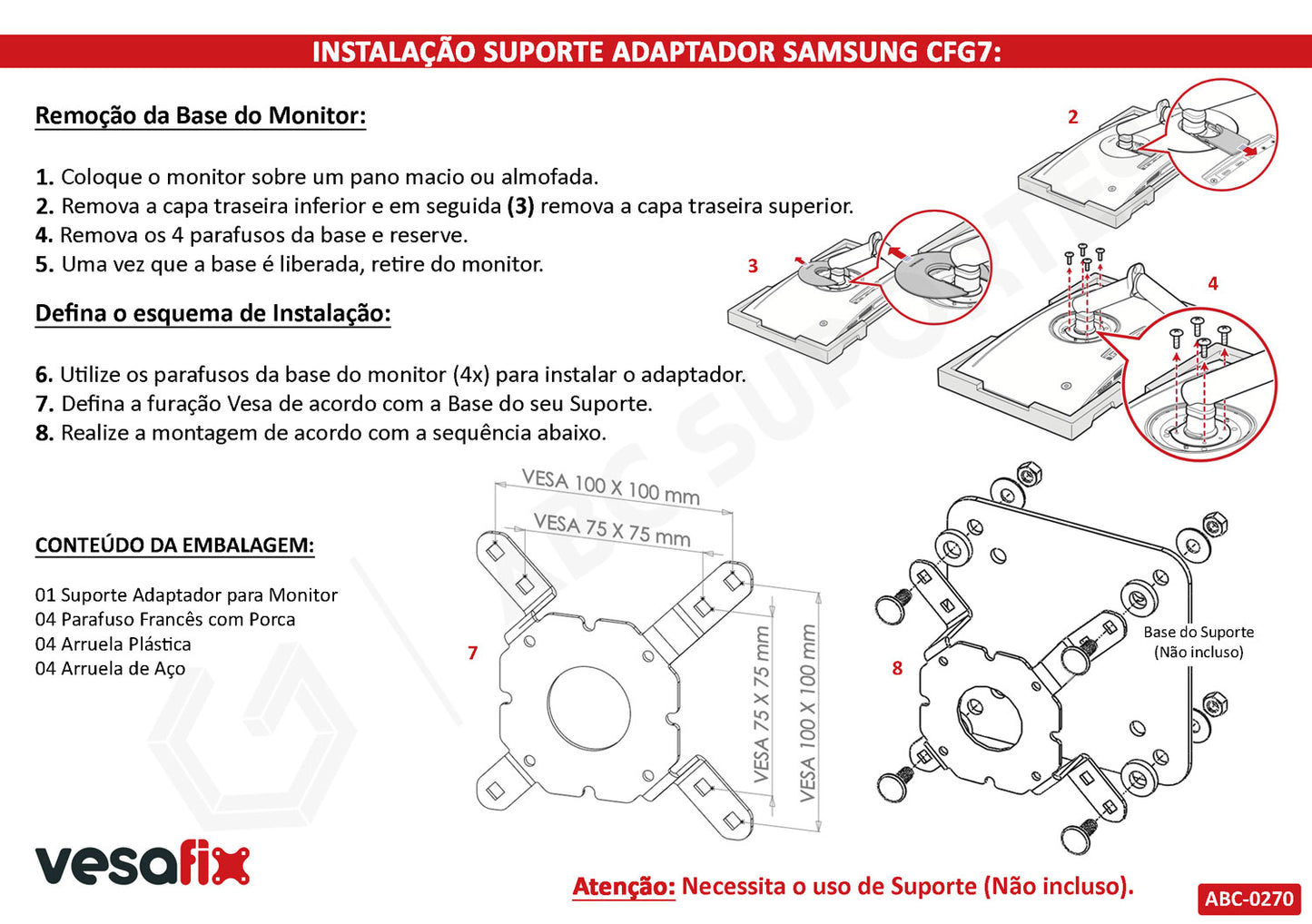 Suporte Adaptador / Extensor Vesa 50x50 75x75 100x100 para Monitor Samsung CFG7 - CFG70 CFG73