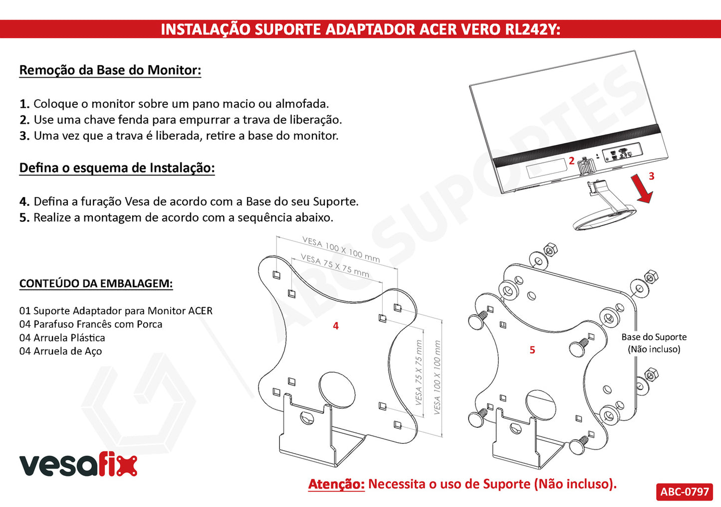 Adaptador Vesa Monitor Acer Vero RL242Y sem Furação Vesa