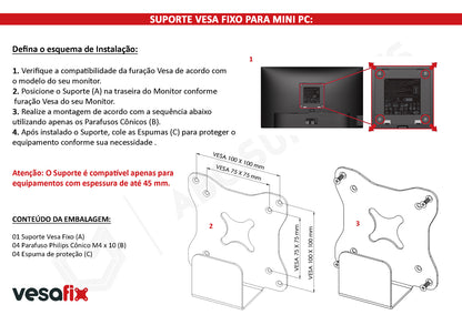 Suporte Vesa FIXO para Mini PC, MAC Mini da Apple, Thin Client, OptiPlex Dell, entre outros