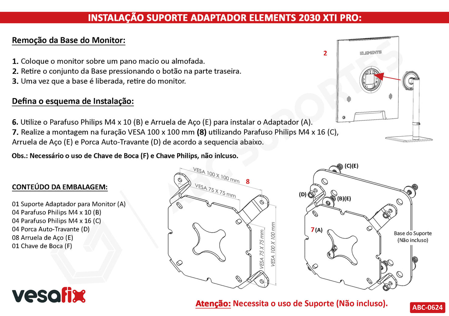 Suporte Adaptador / Extensor Vesa 75x75 100x100 para Monitor Elements - 2030 XTI PRO