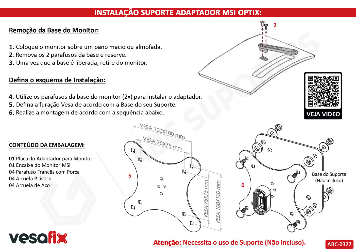 Suporte Adaptador Vesa Monitor MSI Optix Sem Furação Vesa - MAG341CQ AG32C AG32CQ G241VC G24C