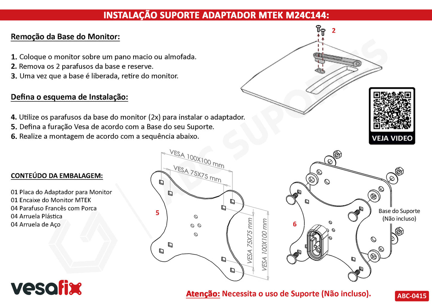 Suporte Adaptador Vesa para Monitor Sem Furação Vesa - MTEK M24C144 MSI G27C G27C2