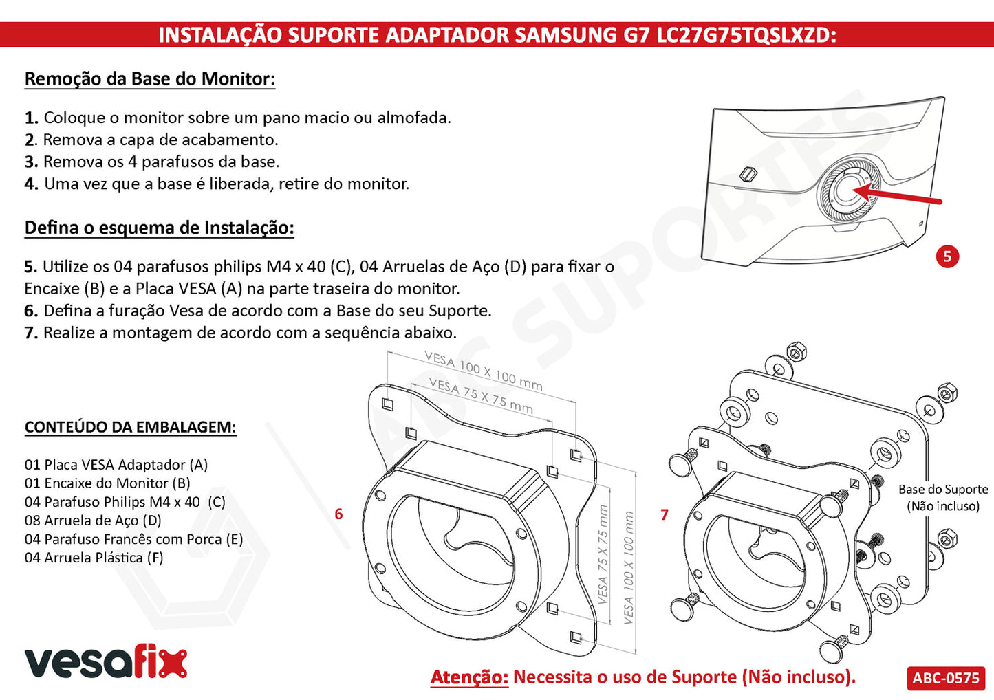 Adaptador Vesa Monitor SAMSUNG ODYSSEY G7 ou ODYSSEY G6 Sem Furação Vesa - LC27G75TQSLXZD LS27BG650ELXZD