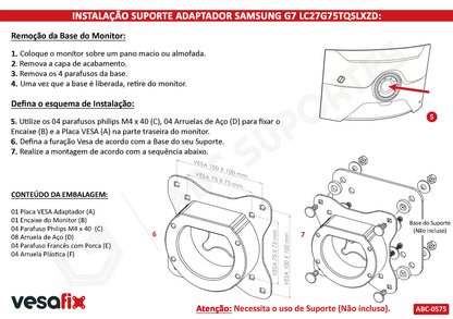 Adaptador Vesa Monitor SAMSUNG ODYSSEY G7 ou ODYSSEY G6 Sem Furação Vesa - LC27G75TQSLXZD LS27BG650ELXZD