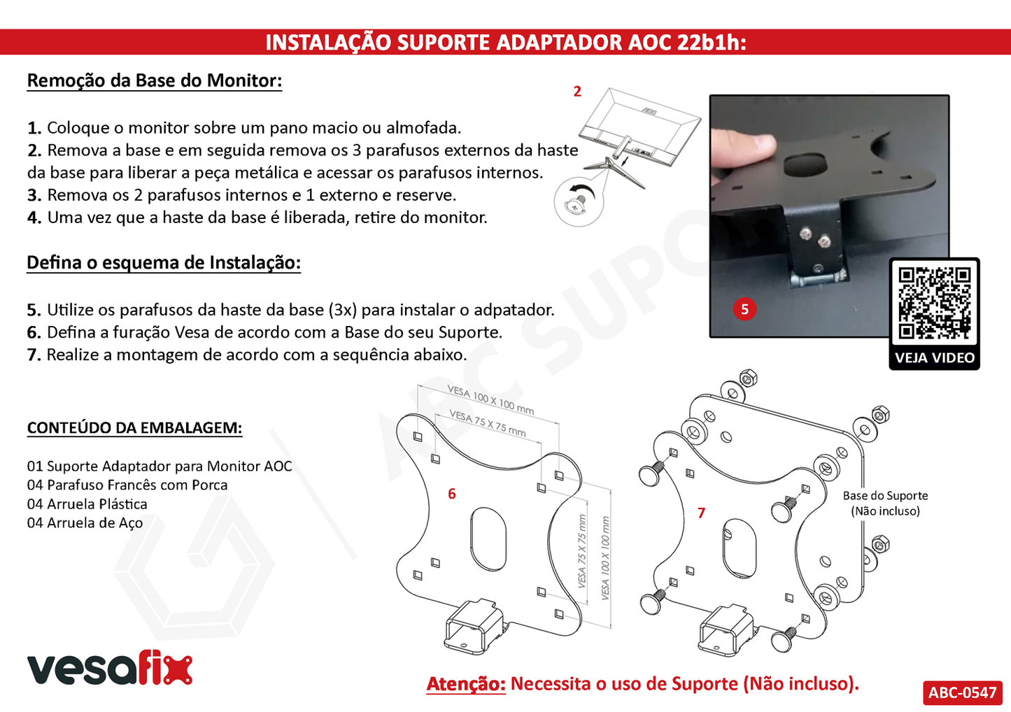 Adaptador Vesa Monitor AOC 22B1H Sem Furação Vesa