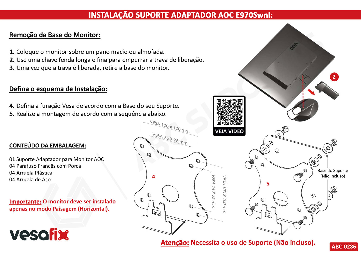 Suporte Adaptador Vesa para Monitor AOC Série 70 sem Furação Vesa - E970Swnl E2070Swnl