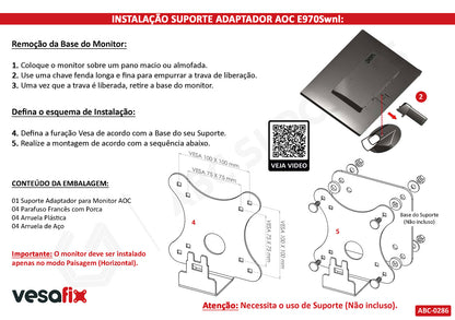 Suporte Adaptador Vesa para Monitor AOC Série 70 sem Furação Vesa - E970Swnl E2070Swnl