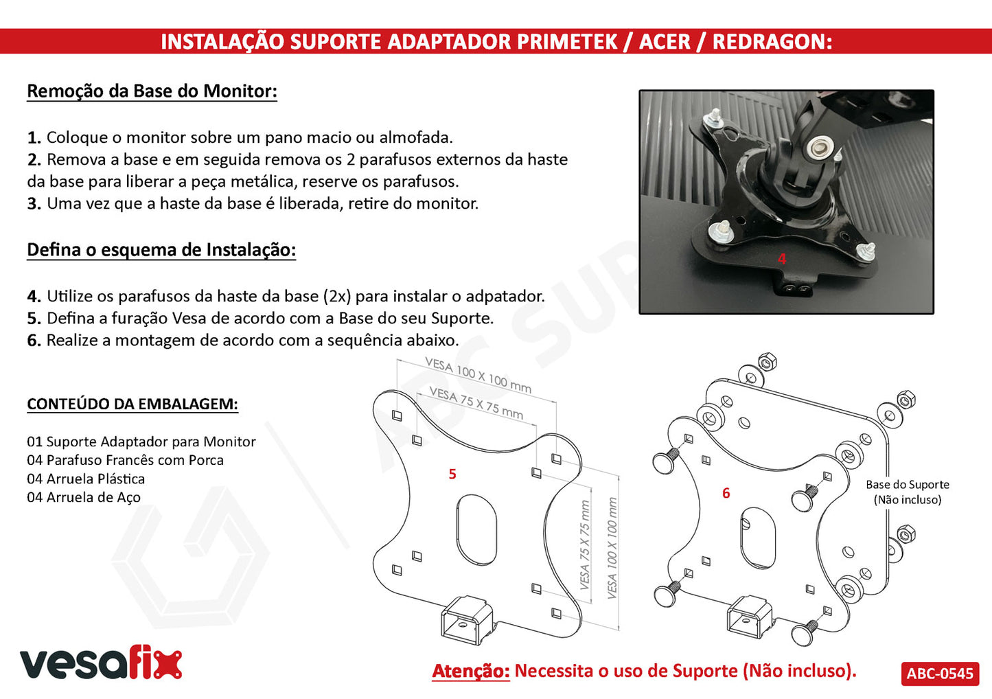 Adaptador Vesa para Monitor Sem Furação Vesa - PRIMETEK 24H2G 27H2G ACER QG240Y REDRAGON GM27H2G